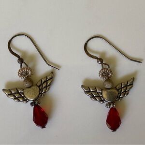 Silver tone angel heart glass jasper beaded pierced artisan earrings